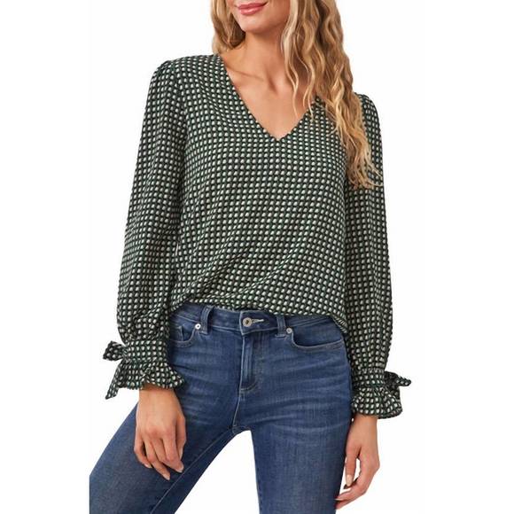 NEW CECE geo box check bow tie sleeve v- neck blouse in green - Picture 1 of 1
